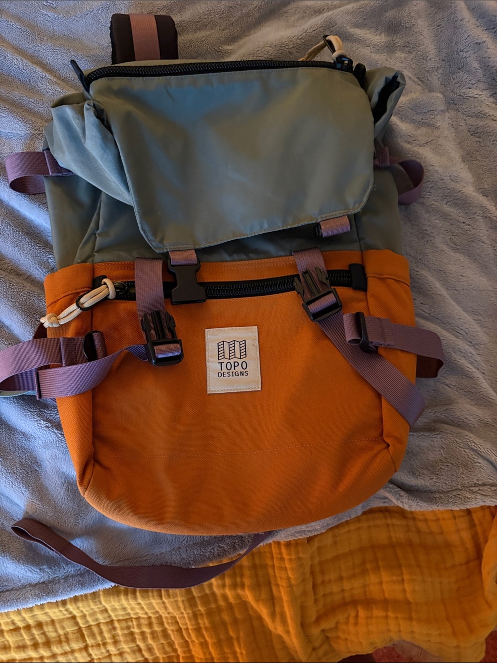 Topo Designs Orange & Sage Roll-Top Backpack with Purple Accents